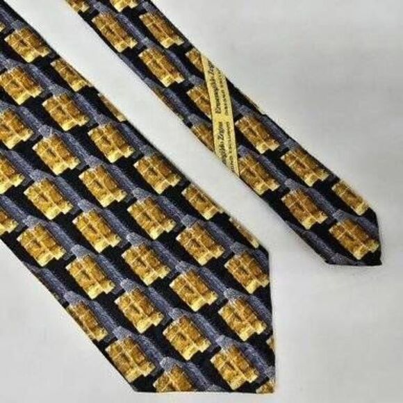 ERMENEGILDO ZEGNA EXCLUSIVE DESIGN SILK TIE GOLD BLUE GEOMETRIC TEXTURED 4" - Picture 1 of 2